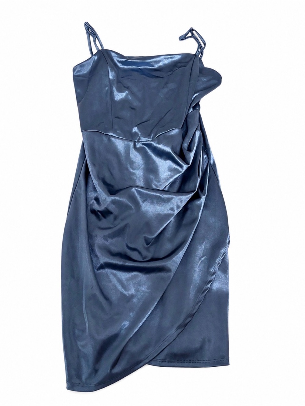 🩵 Honey and Rosie Blue Satin Ruched Midi Dress – Size L